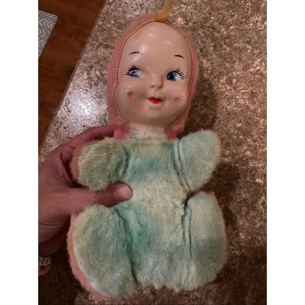 Vintage Pink & Blue Plush Baby Doll Rubber Face Stuffed Toy 9 inch Mid Century N